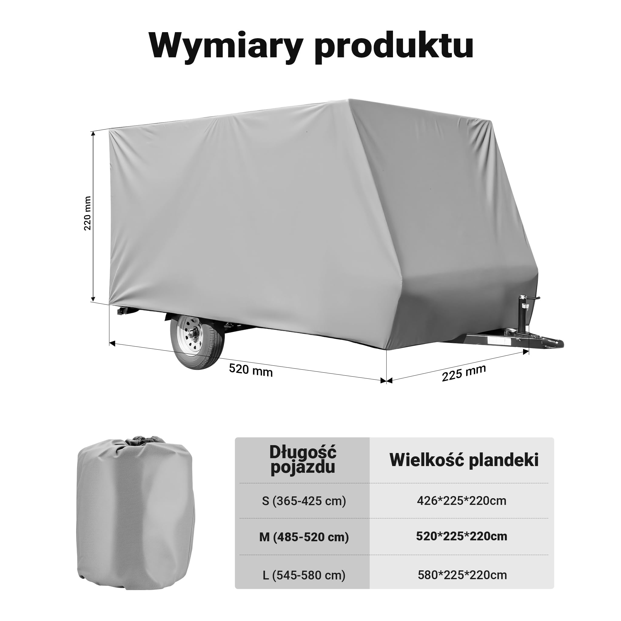 Osłona ochronna na przyczepę kempingową rozmiar M 520x225x220cm pokrowiec na przyczepę kempingową