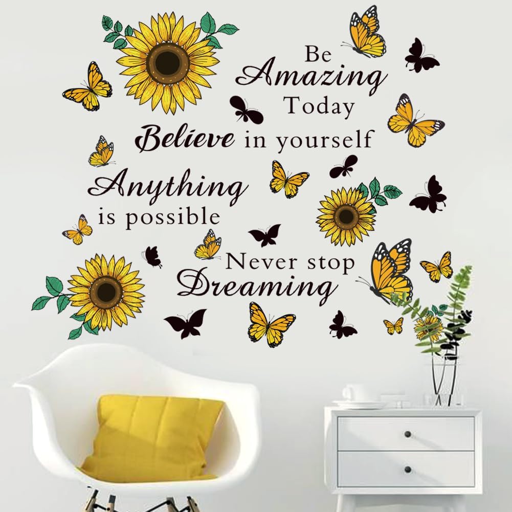 Inspirational Quote Sunflower Wall Stickers - Removable Positive Saying Peel and Stick for Classroom, Home, Bedroom, Office Wall Art Decor