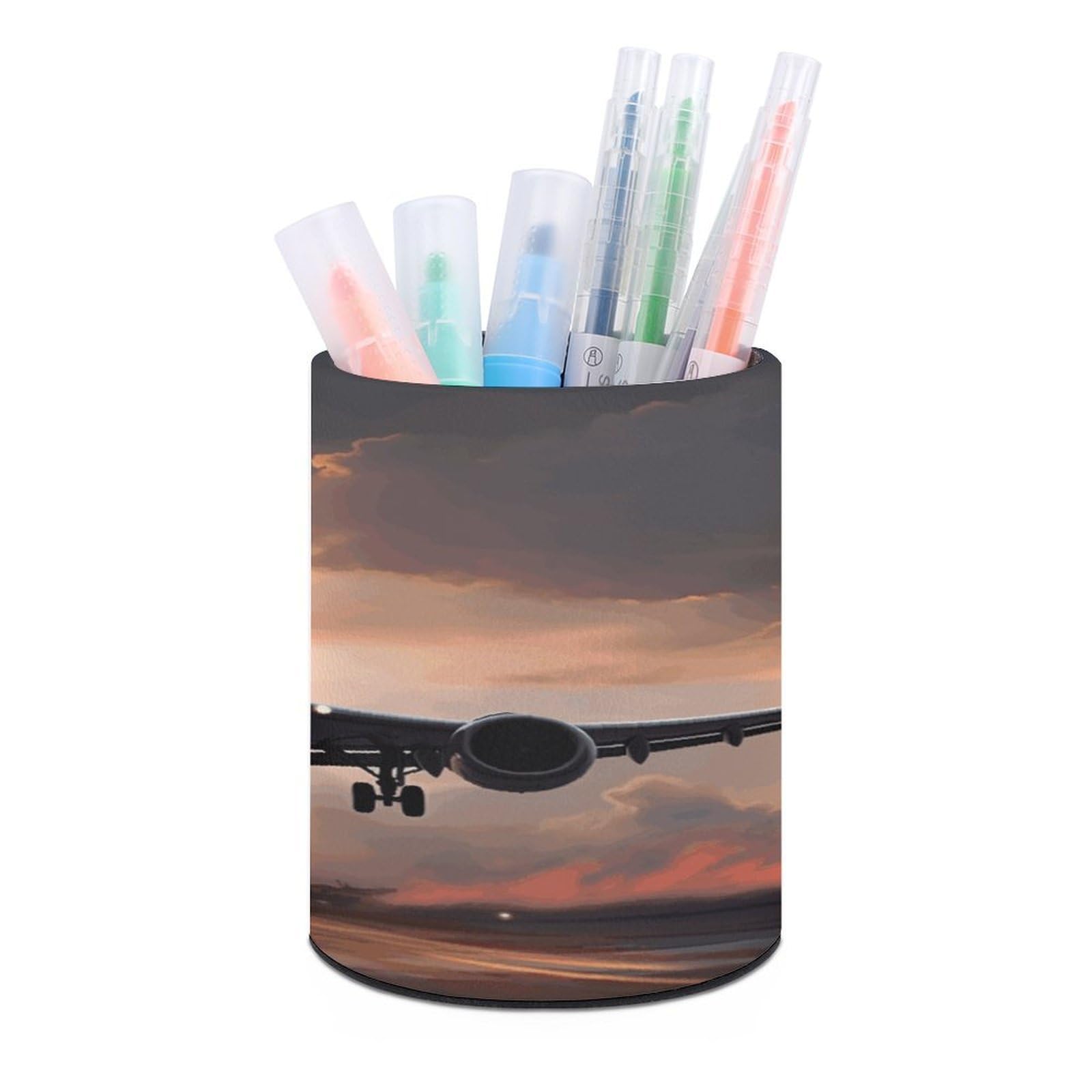 FekiLoot Airplane Art Pen Holder Cup Fashion PU Leather Pencil Cup Minimalist Pen Organizer Round Pencil Holder Stand Work Locker Accessories for Decoration Desk Office Home