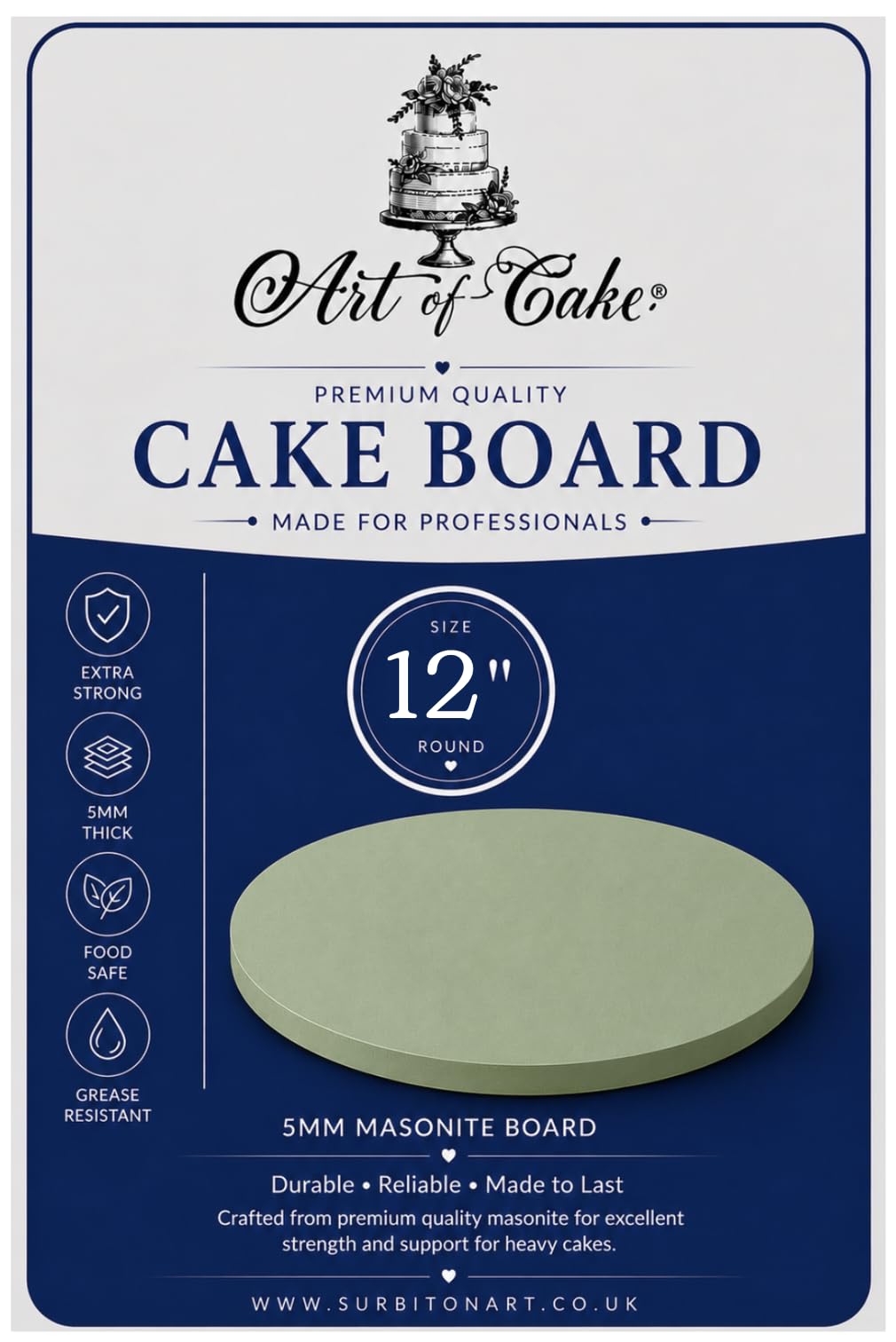 Art of Cake® Masonite Cake Board 5mm Sage 12" Round-For Tiered Decorated Birthday Wedding Engagement Graduation and All Celebration Cakes