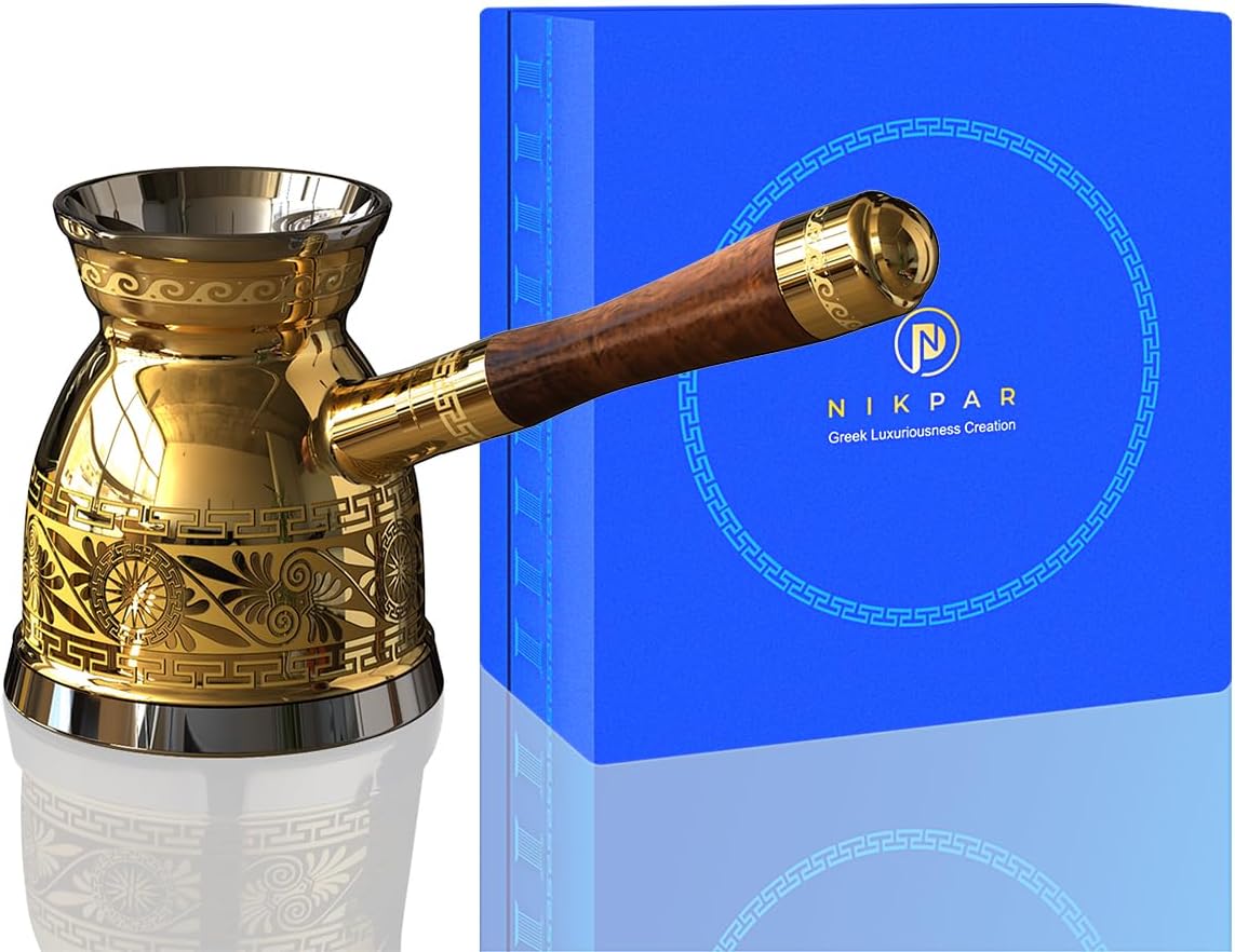 NIKPAR Luxury Greek Coffee Pot Macedonian Collection - Turkish Coffee Pot for Most Type of Stove Top, Arabic Coffee Maker Cezve, Ibrik, Briki with Detachable Handle & Luxury Gift Box (21 oz Large)
