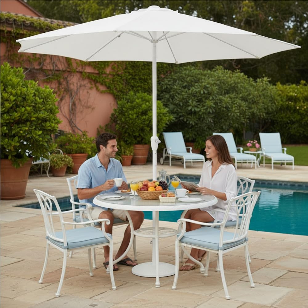 LOLAhome Parasol +RESISTENTE, circular, mástil fijo Ø48mm de aluminio, con Antiviento y Manivela, Elegante y Duradero, tratamiento Anti-corrosión, Para Exterior, Jardín - Tessa Alba