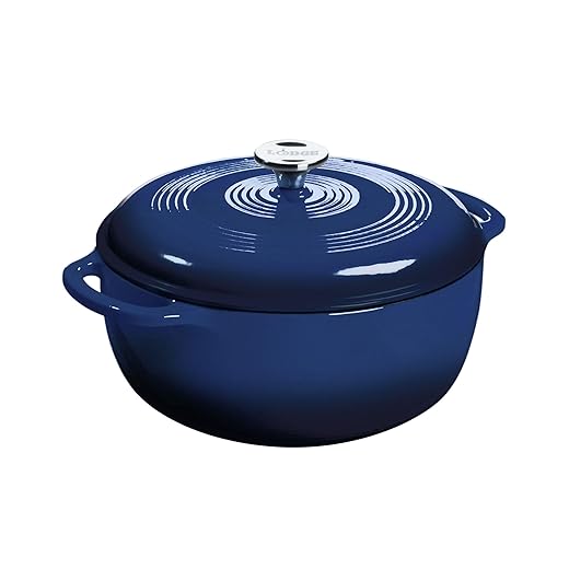 Lodge 6 Quart Enameled Cast Iron Dutch Oven with Lid – Dual Handles – Oven Safe up to 500° F or on Stovetop - Use to Marinate, Cook, Bake, Refrigerate and Serve – Indigo