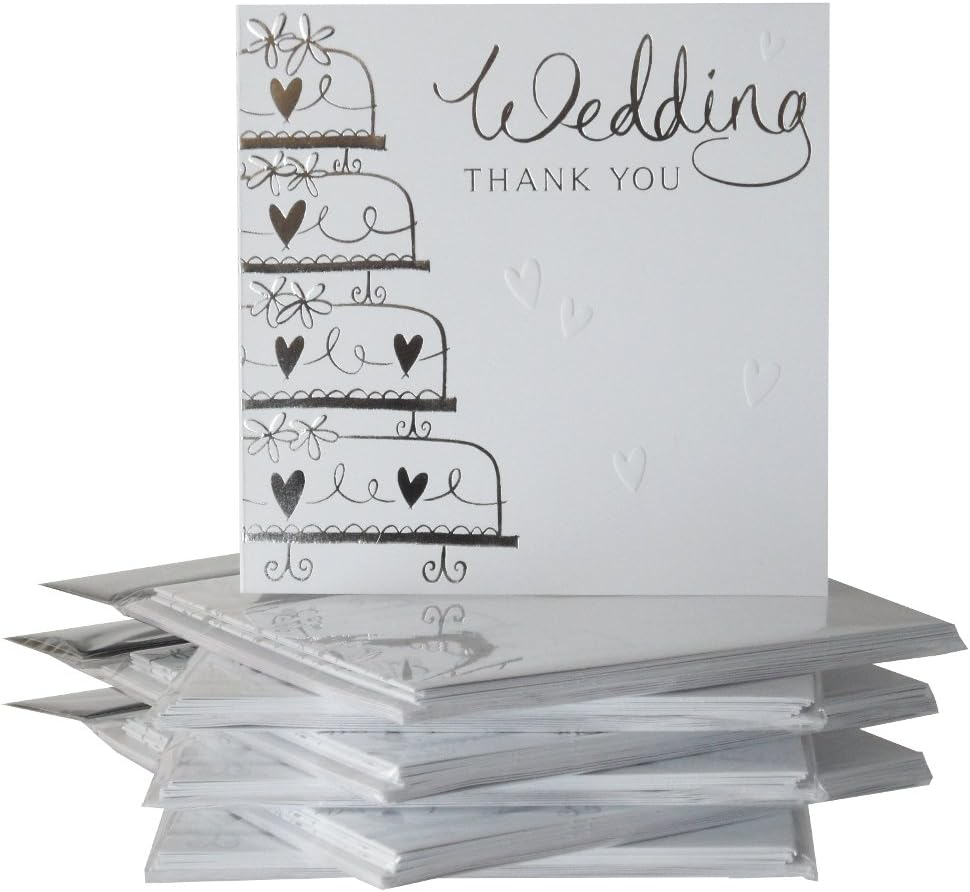 36 Simon Elvin Wedding Thank You Cards - White with silver embossed cake - New Dp292s