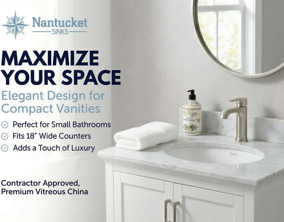 Nantucket Sinks UM-13x10-W Small Undermount Bathroom Sink – 13"x10" Interior Bowl Oval Ceramic Bath Vanity Sink, Mini Tiny, Overflow, High Gloss White Vitreous China – Scratch&Stain Resistant