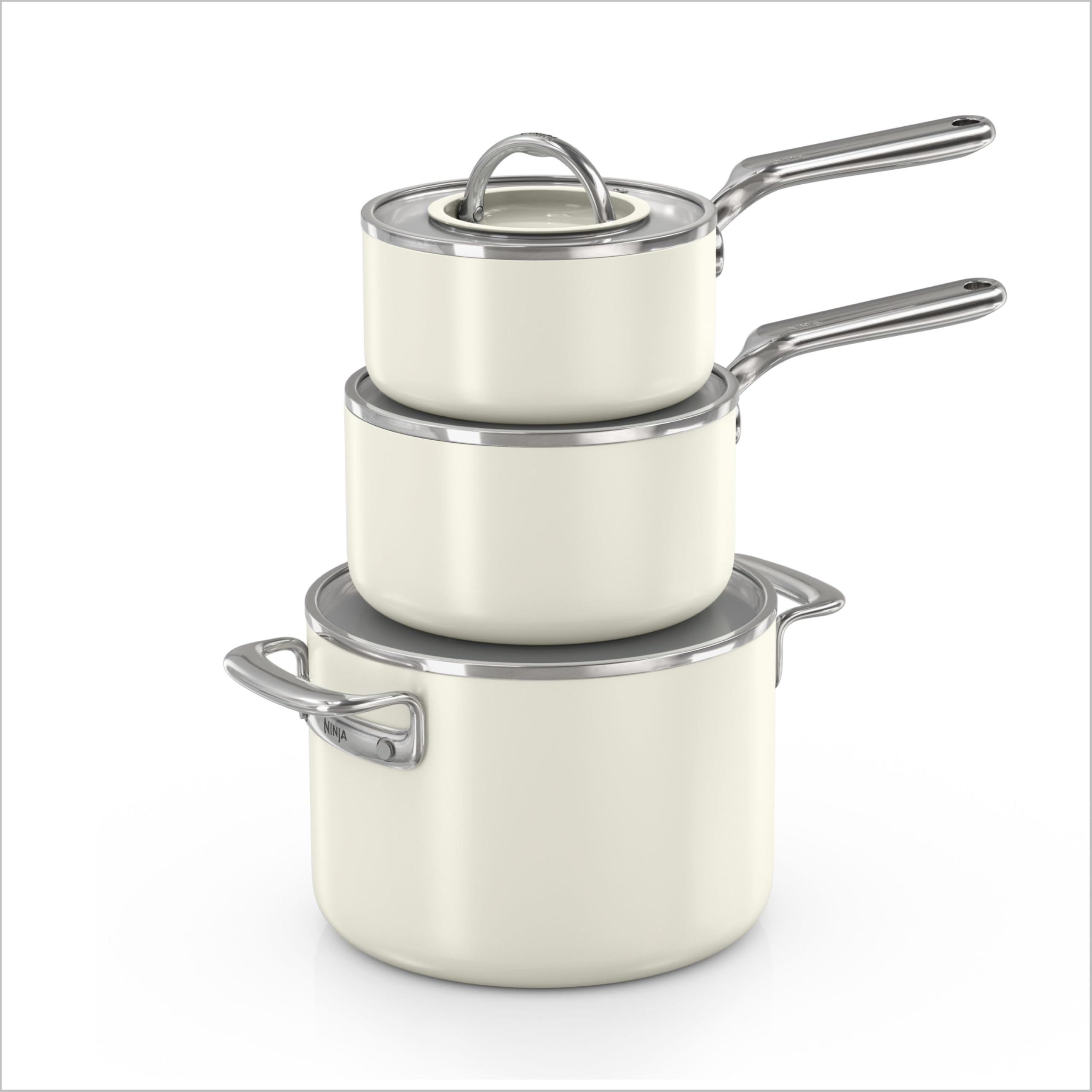 Ninja NeverQuit™ 6-Piece Ceramic Cookware Set, Bone & Silver, CQ19006IV2 | Nontoxic¹, nonstick ceramic-coated cookware set; 1.5qt & 2.5qt saucepan, 6qt stock pot, glass LayFlat™ lids, 3-year guarantee
