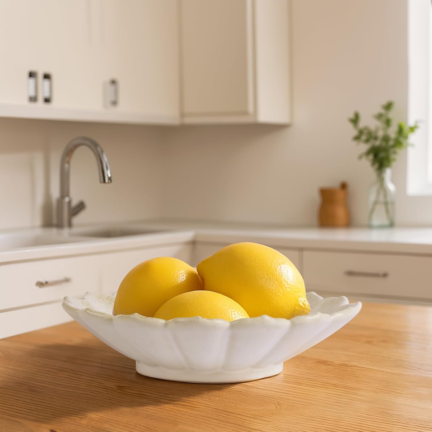 7.9" White Ceramic Flower Shaped Decorative Bowl, Elegant Ruffled Edge Centerpiece Bowl for Kitchen Counter, Dining Table or Coffee Table, Modern Fruit Bowl for Home Decor, Ideal Housewarming Gift