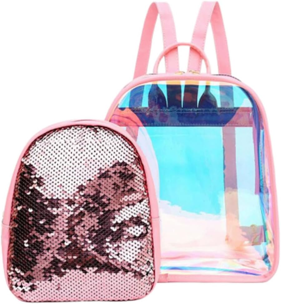 Lurrose Pink PVC Sequin Backpack Set with Small Zipper Bag, Casual Daypack