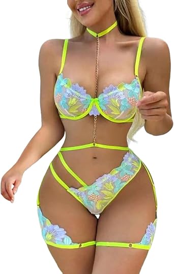 Generic Babydoll Lingerie for Women Colorful Flower And Leaf Embroidery Lace Metal Chain Splicing