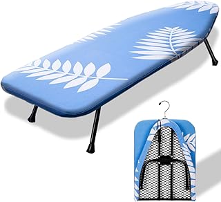 SheeChung Mini Ironing Board 12"x32",Tabletop Ironing Boards with Removable Cotton Cover and Pad,Mesh Metal Base Iron Table,Foldable Small Ironing Board for Home Dorm Travel,Blue Leaf