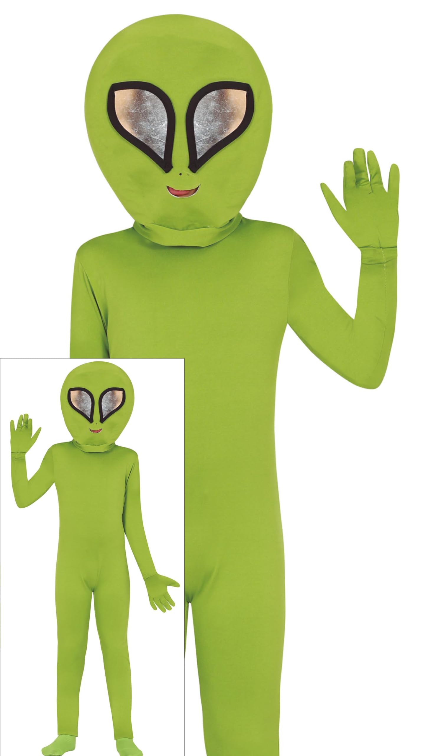 FIESTAS GUIRCA Green Alien Boys & Girls Fancy Dress Costume - Extraterrestrial Costume including Alien Head, Jumpsuit, Gloves - Halloween Costumes for Kids Age 5-6 Years