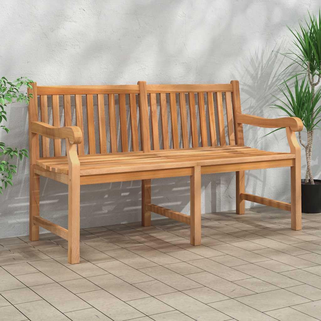 Ławka ogrodowa, 150 cm, lite drewno tekowe, z oparciem i podłokietnikami, odporna na warunki atmosferyczne, stabilne siedzisko na taras i do ogrodu, ławka drewniana do użytku na zewnątrz z