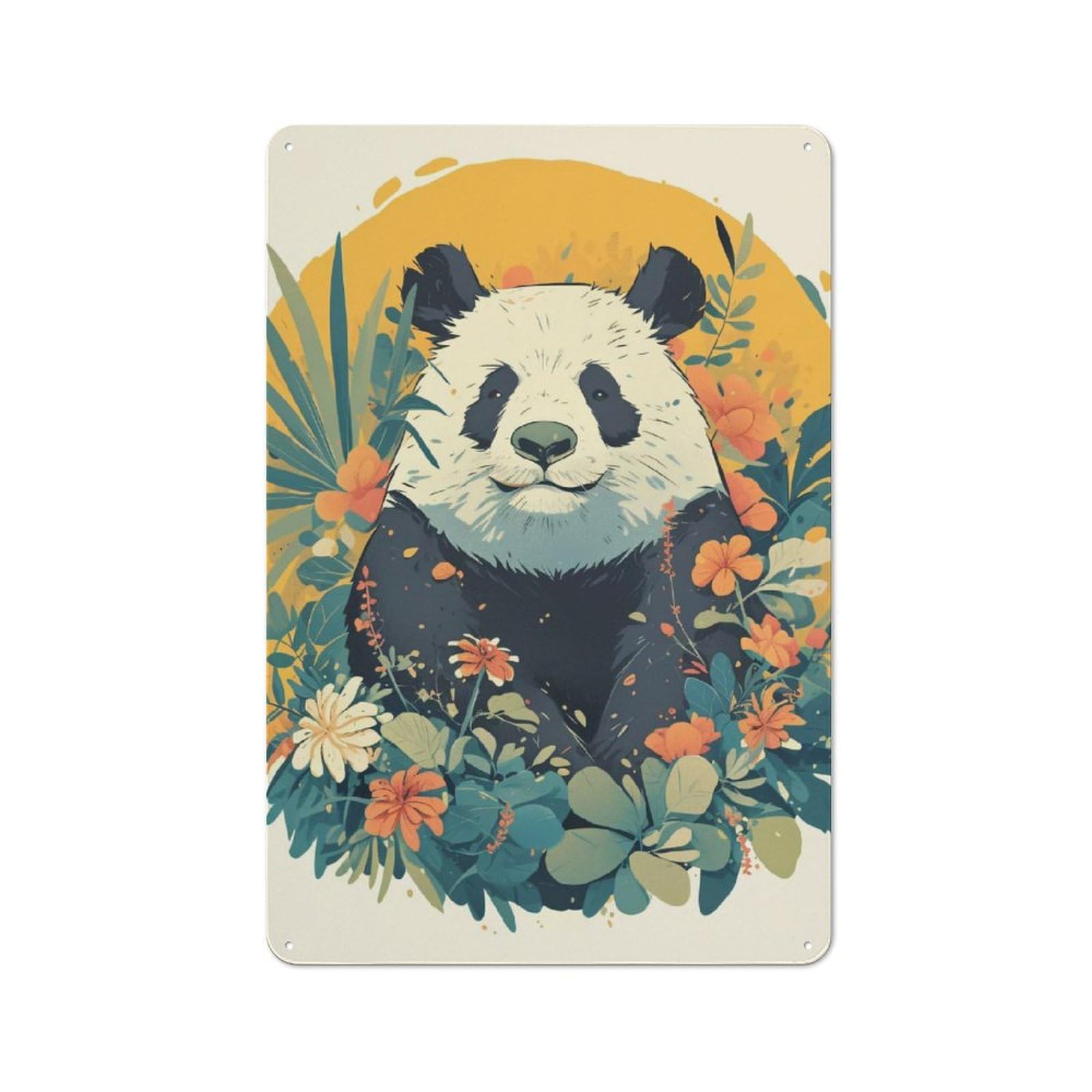 Nostalgic Panda in Floral Garden Illustration Decorative Tin Sign 30x20cm, Vintage Wall Decor for Lounge, Study, Pub Or Wall Gallery