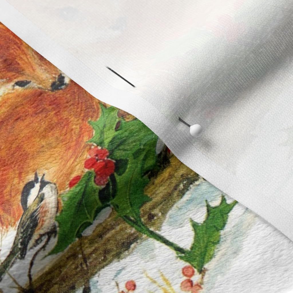 Spoonflower Fabric - Birds Winter Snow Red Foxes Trees Animals Cone Pine Christmas Vintage Printed on Minky Fabric by The Yard - Sewing Baby Blankets Quilt Backing Plush
