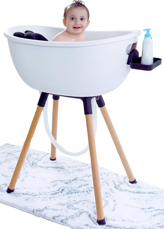 Luxury Baby Bathtub with Wooden Stand – 3-Stage Convertible, Ergonomic & Back-Saving Design