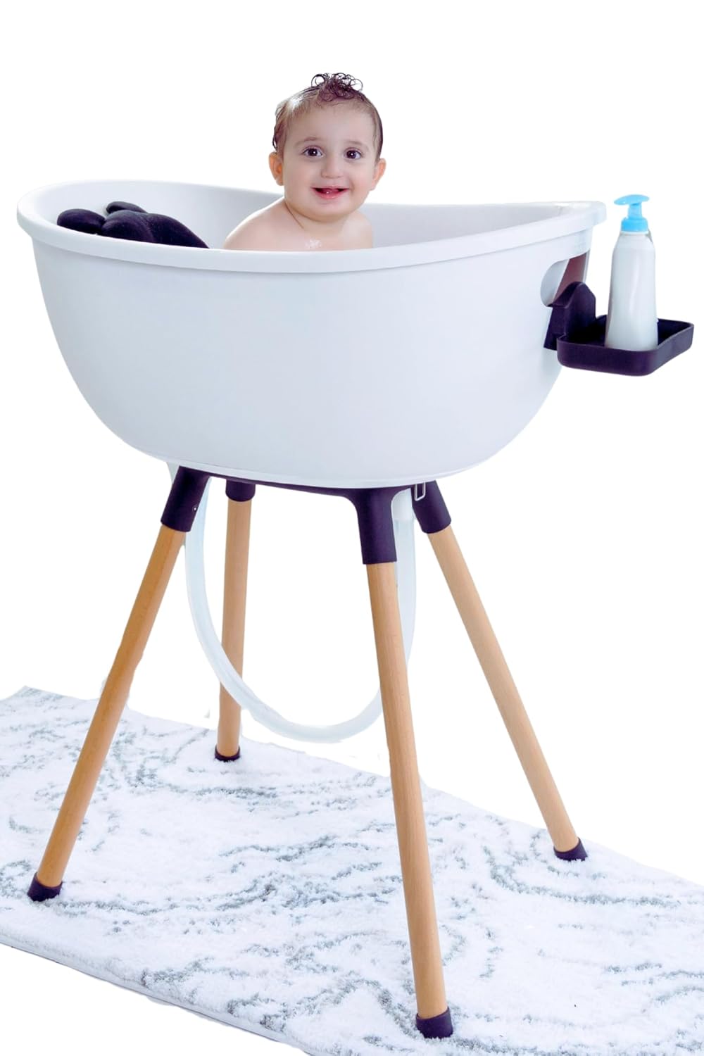 Luxury Baby Bathtub with Wooden Stand – 3-Stage Convertible, Ergonomic & Back-Saving Design White With Black Base and Natural Wood