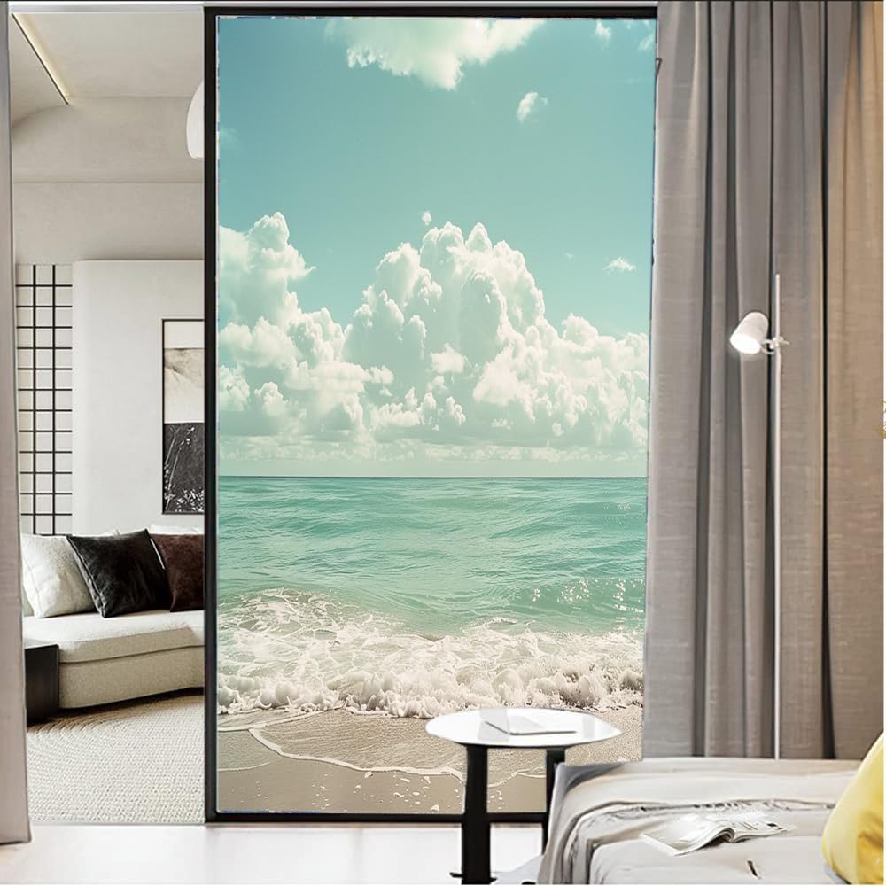 Modern Ocean View Buntglas-Fensterfolie, natürlicher schöner Strand, Retro, dekorative Milchglas-Sichtschutzfolie, Wärmeregulierung, statische Haftung, Fensteraufkleber, 90 x 140 cm
