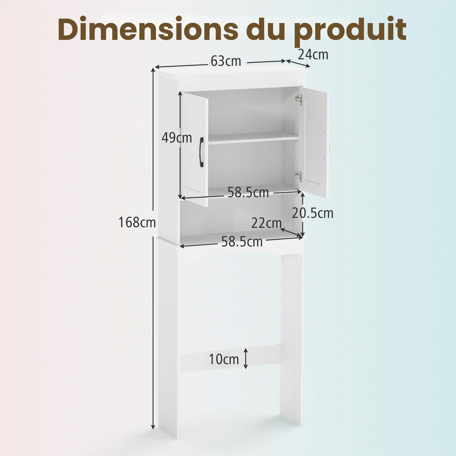 LIFEZEAL Meuble Dessus Toilette/Machine à Laver, Meuble de Salle de Bain avec 2 Portes et Etagère Réglable, Armoire de Salle de Bain Autoportante (Blanc)