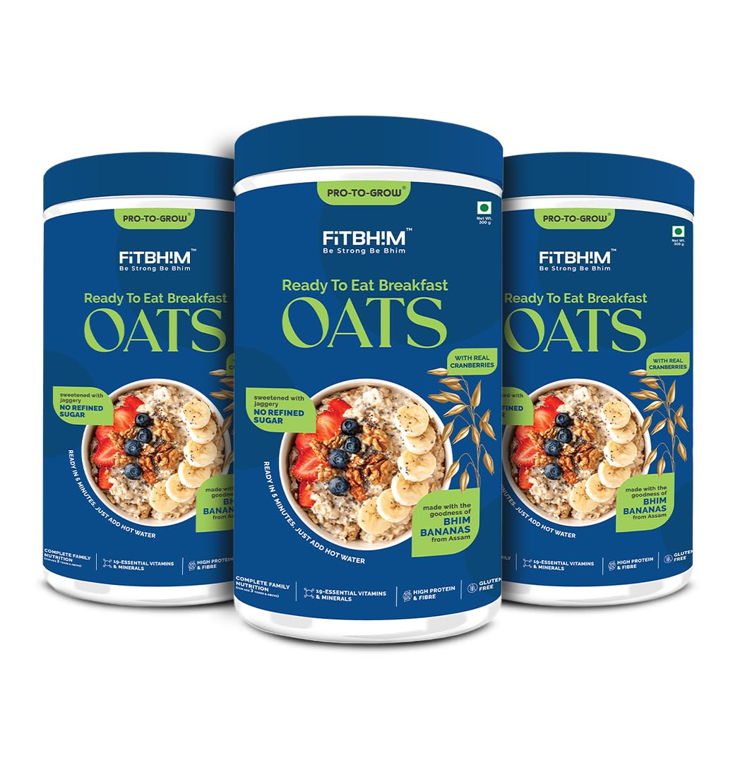 ProToGrow Ready to Eat Oats with Bhim Banana & Real Cranberries - 300g Jar (Pack of 3) | High Dietary Fibre & Protein Rich | No Refined Sugar | Gluten Free | Healthy Breakfast for all Ages