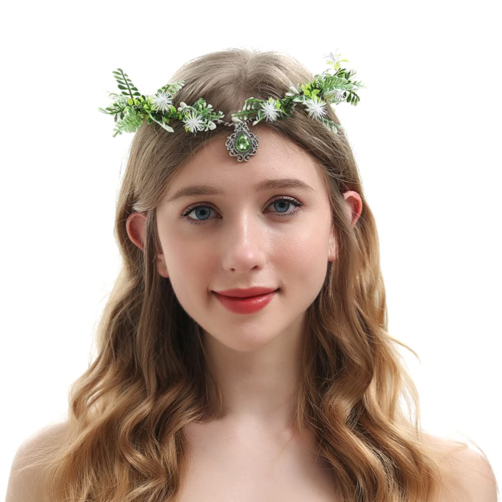 Bubbmi Elf Costume Flower Crown Headband with Pendant, Woodland Forest Crown Fairy Goddess Tiara, Festival Party Headpiece for Women
