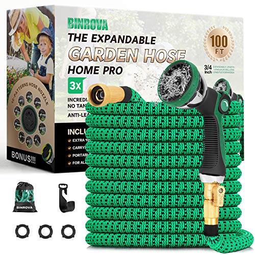 BINROVA Expandable Garden Hose 100ft-Water Hose with 10 Function Spray Nozzle-Durable 4-Layers Latex and 3/4 Solid Brass Fitting Extra Strength 3750D Flexible Lightweight No Kink Hose Pipe BINROVA Expandable Garden Hose 100ft-Water Hose with 10 Function Spray Nozzle-Durable 4-Layers Latex and 3/4" Solid Brass Fitting Extra Strength 3750D Flexible Lightweight No Kink Hose Pipe