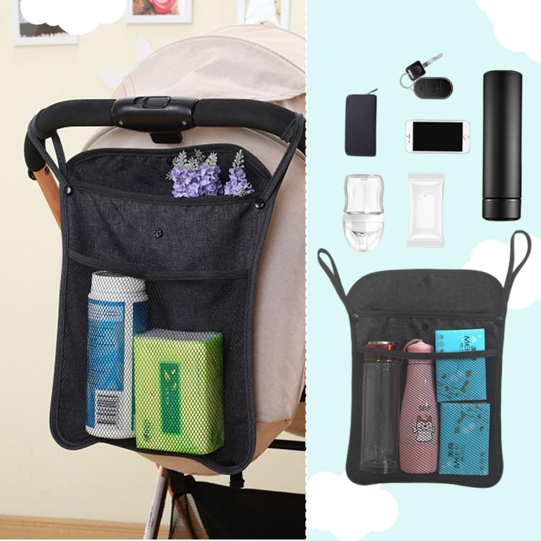Organizer Universale per Passeggino Borsa Multiuso per Carrozzina Rete Portaoggetti per Passeggini Borsa per Spesa Organizer per Carrozzina (33 x 30 cm, Nero)