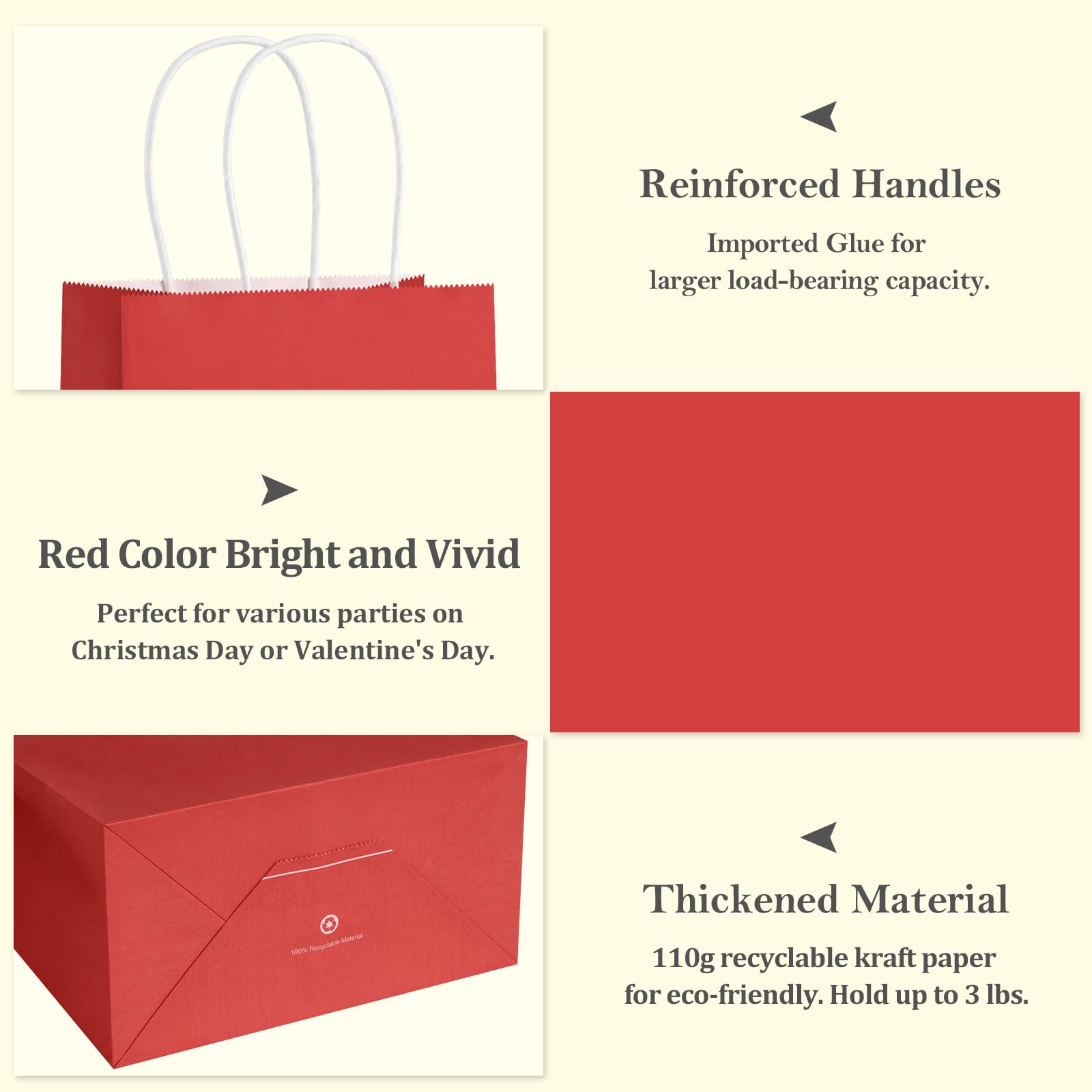 BagDream 5.25x3x8 Inch 100Pcs Small Gift Bags with Handles Red Kraft Paper Bags Bulk for Christmas, Wedding, Party Favors, Business, Retail, Grocery Paper Sacks