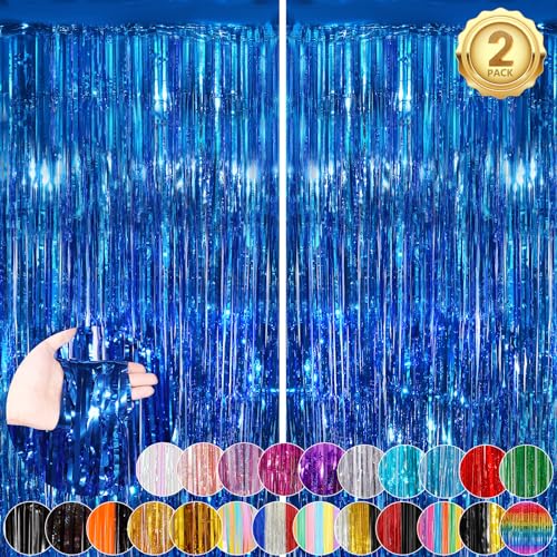 Image of Blue Fringe Curtain Party Streamers 2Pack 3.3 x 8.3 Ft Foil Fringe Backdrop Curtains for Birthday Wedding Bridal Baby Shower Holiday Tinsel Streamers Blue Christmas Party Decorations Door Streamer