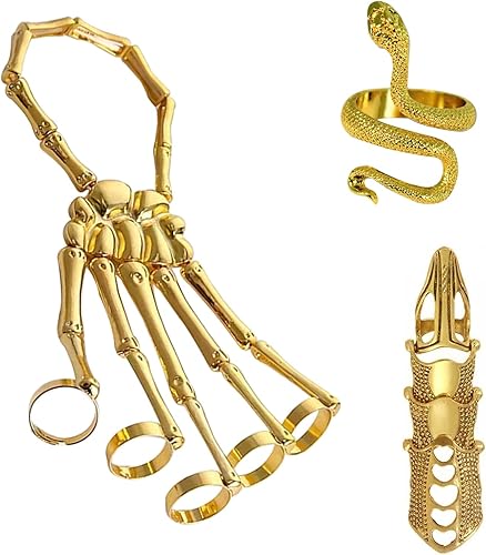Pulsera de mano de esqueleto, decoración de Halloween, diseño de calavera, manos de esqueleto con serpiente, anillos de dedo completo para mujeres y