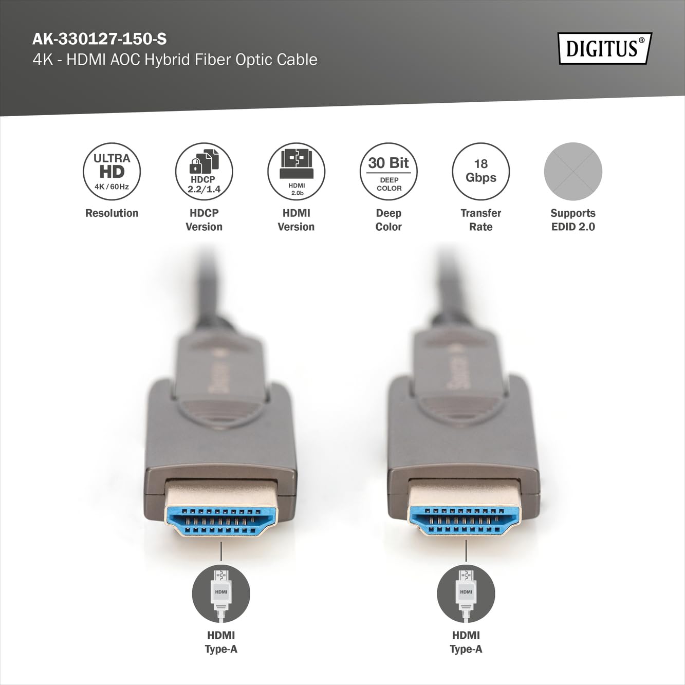 Digitus HDMI AOC Hybrid fibre optic cable, 15m, HDMI 2.0b, 4k/60Hz, detachable connectors, compatible with TV/beamer/monitor - Image 2