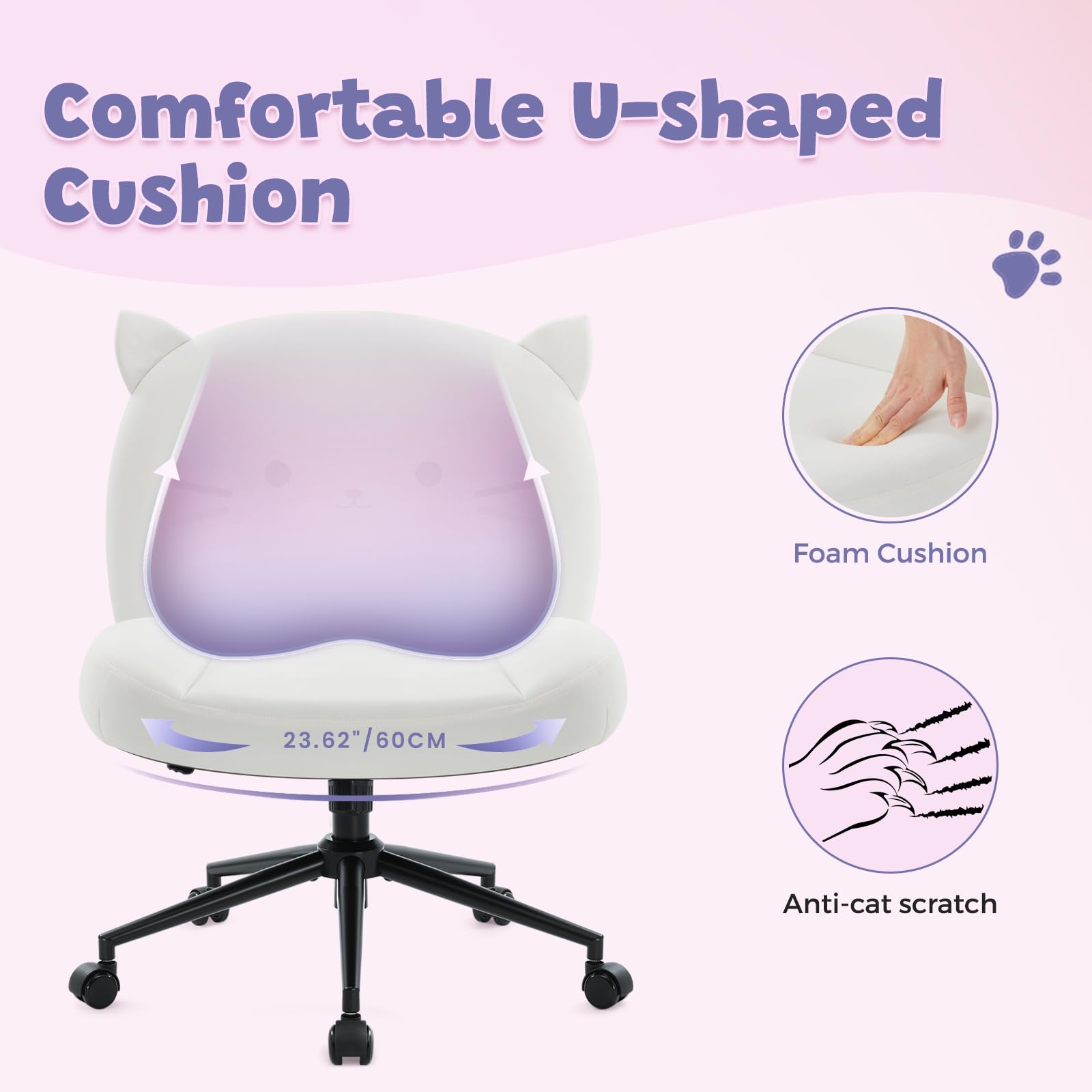 IWMH Armless Office Desk Chair with Wheels,Ergonomic Criss Cross Legged Computer Chair with Fabric Padded, Height Adjustable Wide Seat Vanity Chairs,Mid Back Task Chair for Home, Bedroom ()