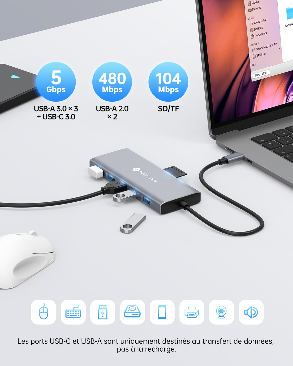 NOVOO Docking Station d'accueil USB C 12-en-1, Docking Station USB C, 2 HDMI, VGA, 5 USB Ports, 100W PD, Lecteur SD/TF, Compatible MacBook/Dell/HP/Surface