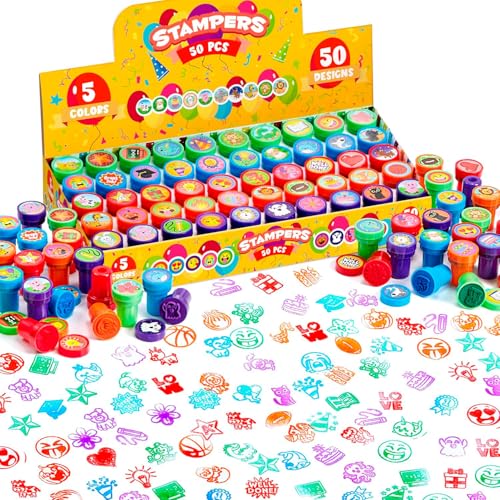 JOYIN 50 Pcs Assorted Stamps for Kids - Self-Ink Stamps with 50 Designs for Birthday Party Favor, Carnival Prizes, School Stampers, Goodie Bag,...
