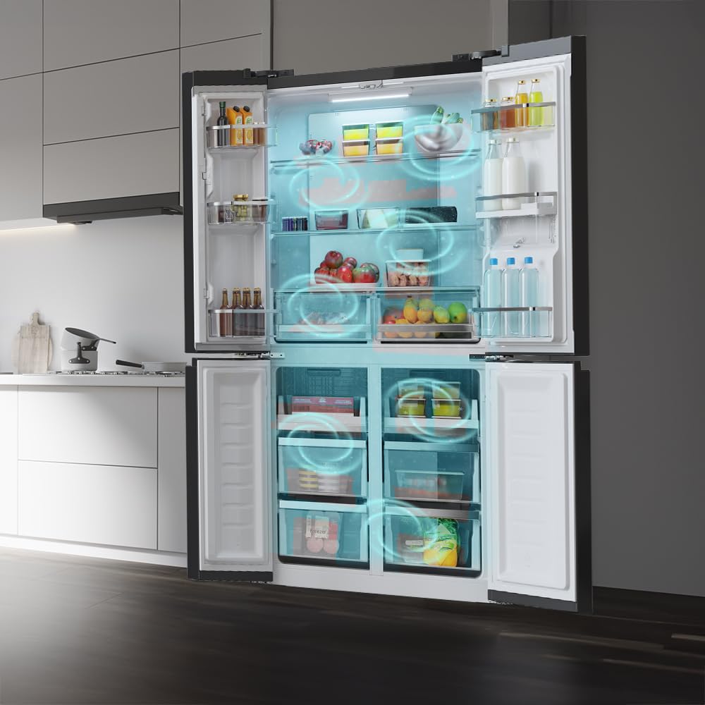 Desconocido Amerykańska lodówka 4 drzwi szklane 564 L Bolero CoolMarket 4D 564 Glass E. 183 cm Wysoki, 91 cm Szerokość, Dozownik wody, Niskie zużycie energii, Silnik falownika Plus, Total NoFrost