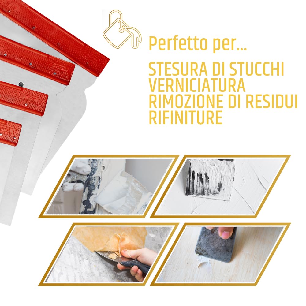 PENNELLIFICIO 2000 | Zestaw 4 profesjonalnych japońskich szpatułek ze stali nierdzewnej, ergonomiczny chwyt, idealny do kitu, szerokość 60/80/100/120