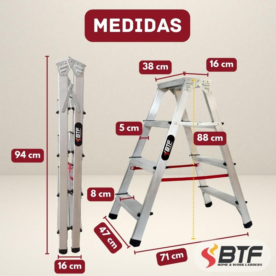 Nawa échelle escabeau Double Pliant 4 marches Aluminium antidérapant Hauteur Max. Accessible des Deux côtés 2 x 4 Niveaux Charge Max. 150 Kg. Fabriqué en Europe