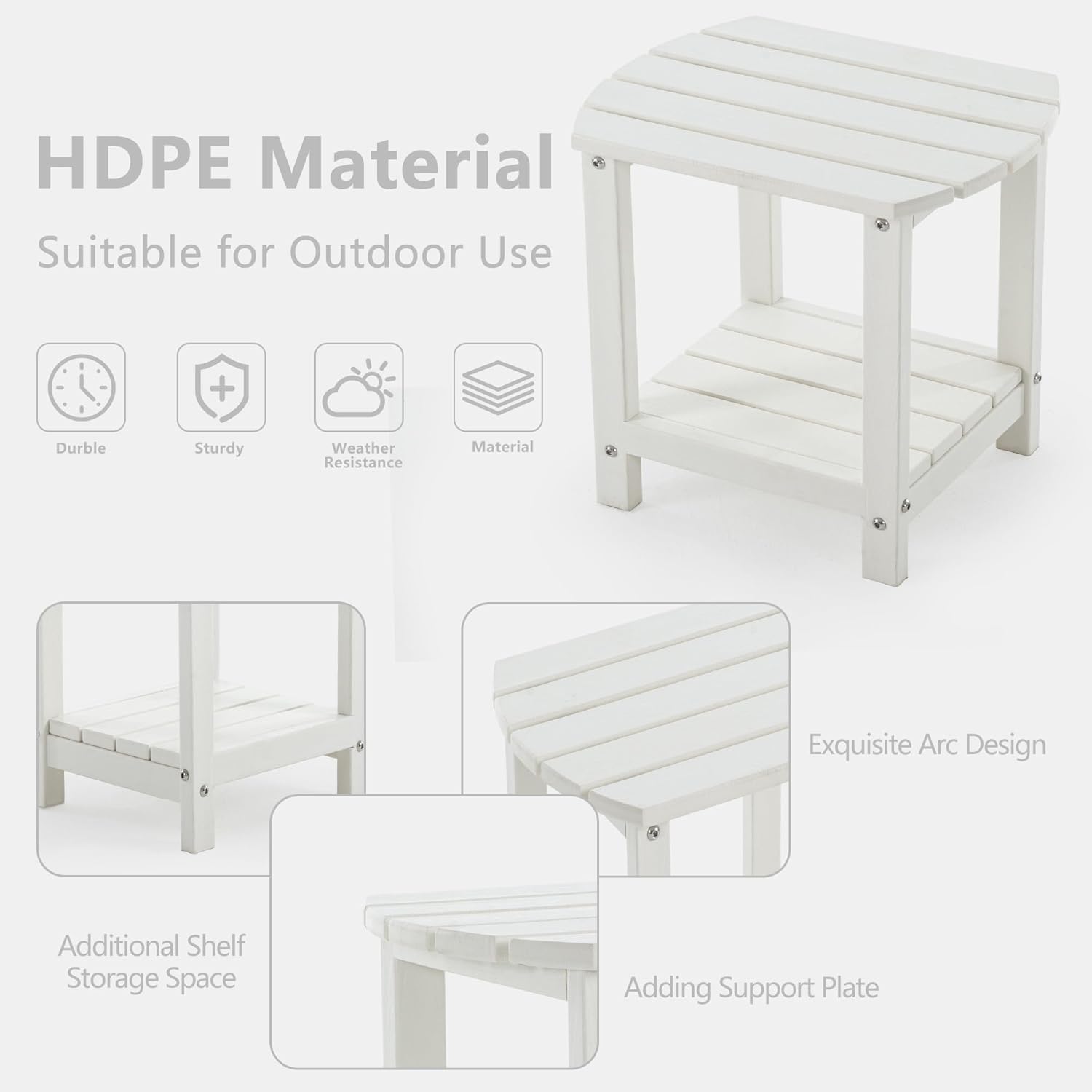4 Chairs & 2 Tables Folding Adirondack Chair Set with Table – HDPE Weatherproof Outdoor Patio Chairs with Reclining Back and Cup Holders, 2-Tier Storage End Tables for Firepit Garden(White)
