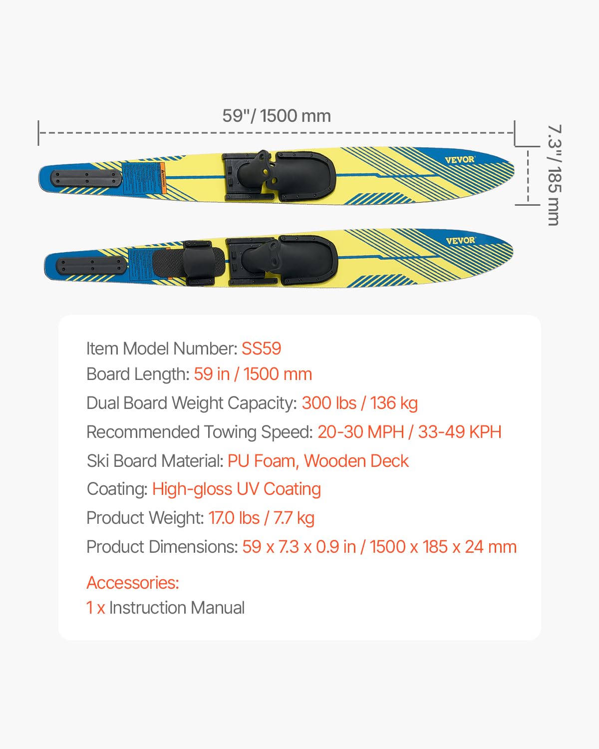 VEVOR Esquís Acuáticos 150 cm Fijaciones Herradura Ajustables X-7 Puntera Trasera Acolchada Revestimiento UV Alto Brillo Adultos 136 kg