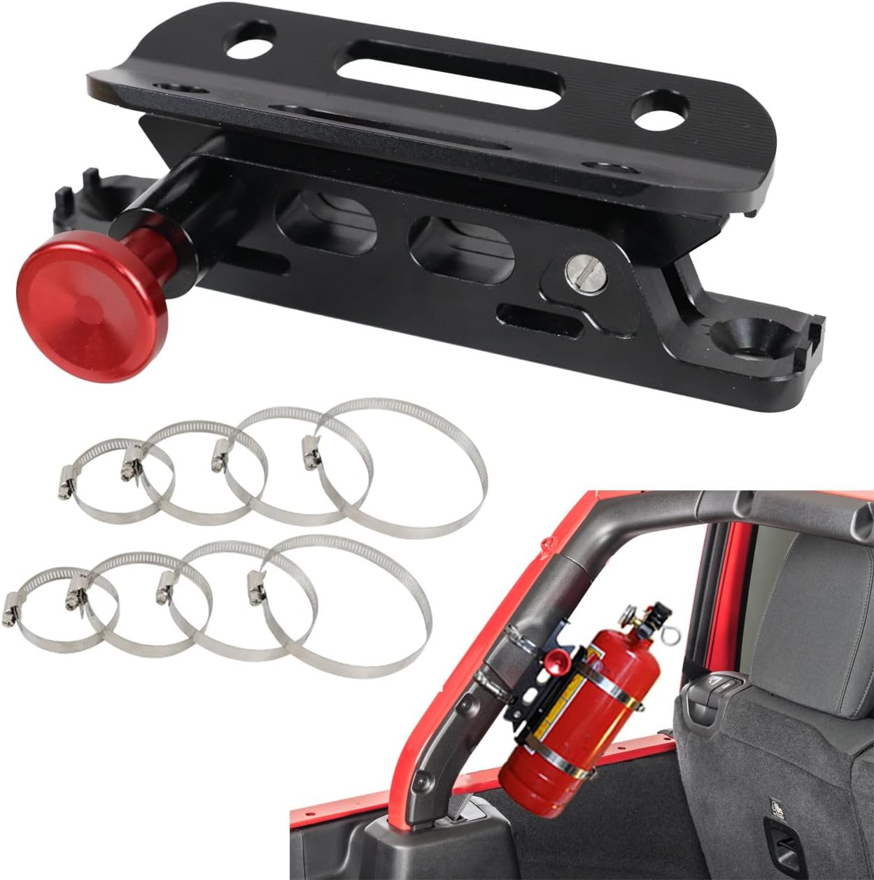 MFC New Multi-Purpose Aluminum Adjustable Fire Extinguisher Holder Mount with 8 Clamps(4 pcs Extra Adjustable Rings for Spare Using) Compatible with for Jeep Wrangler UTV Polaris RZR Ranger
