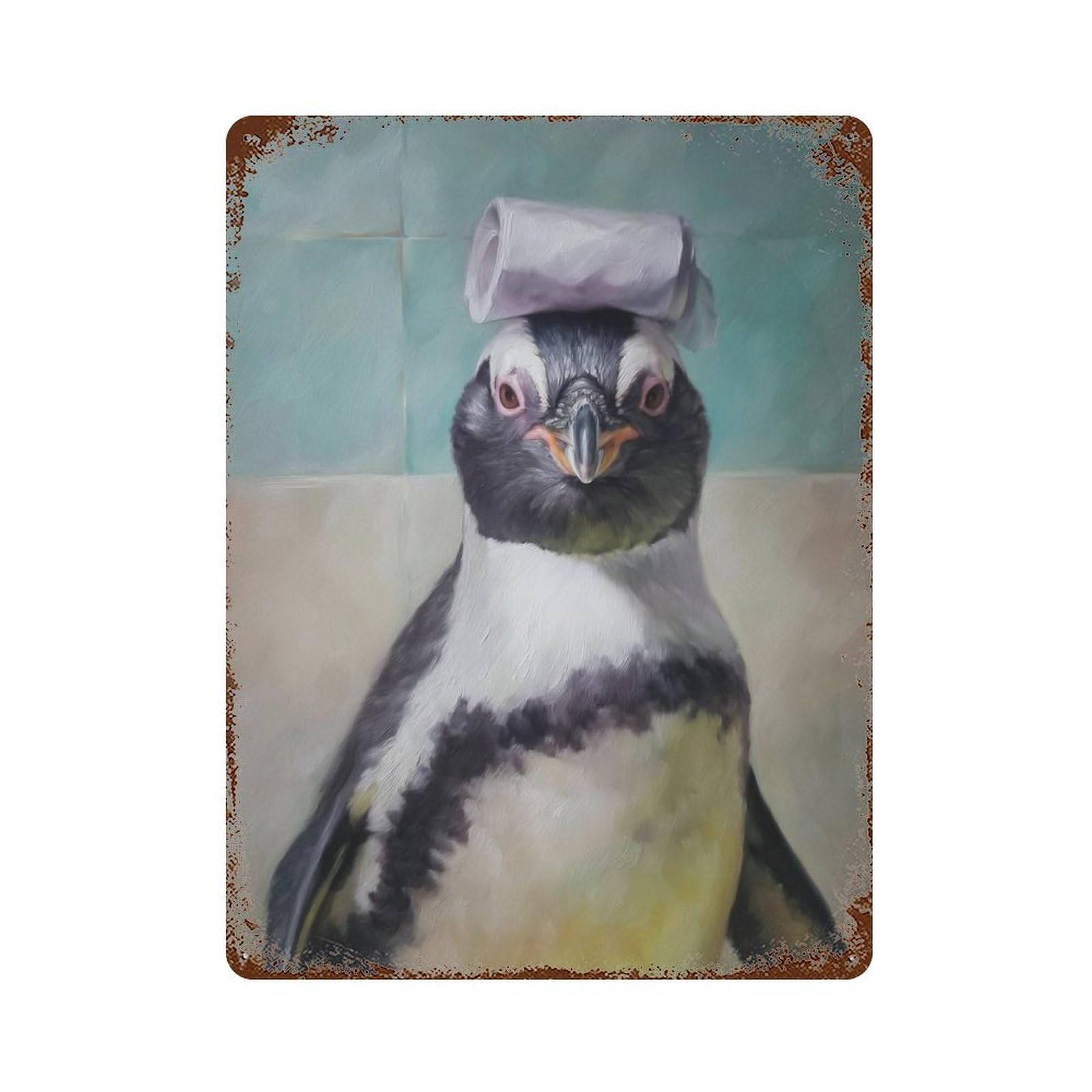 Penguin with Toilet Paper Hat 15.7"x11.8" Vintage Rust Metal Sign, Shabby Chic Decor for Cafe, Home Bar And Lounge Decor