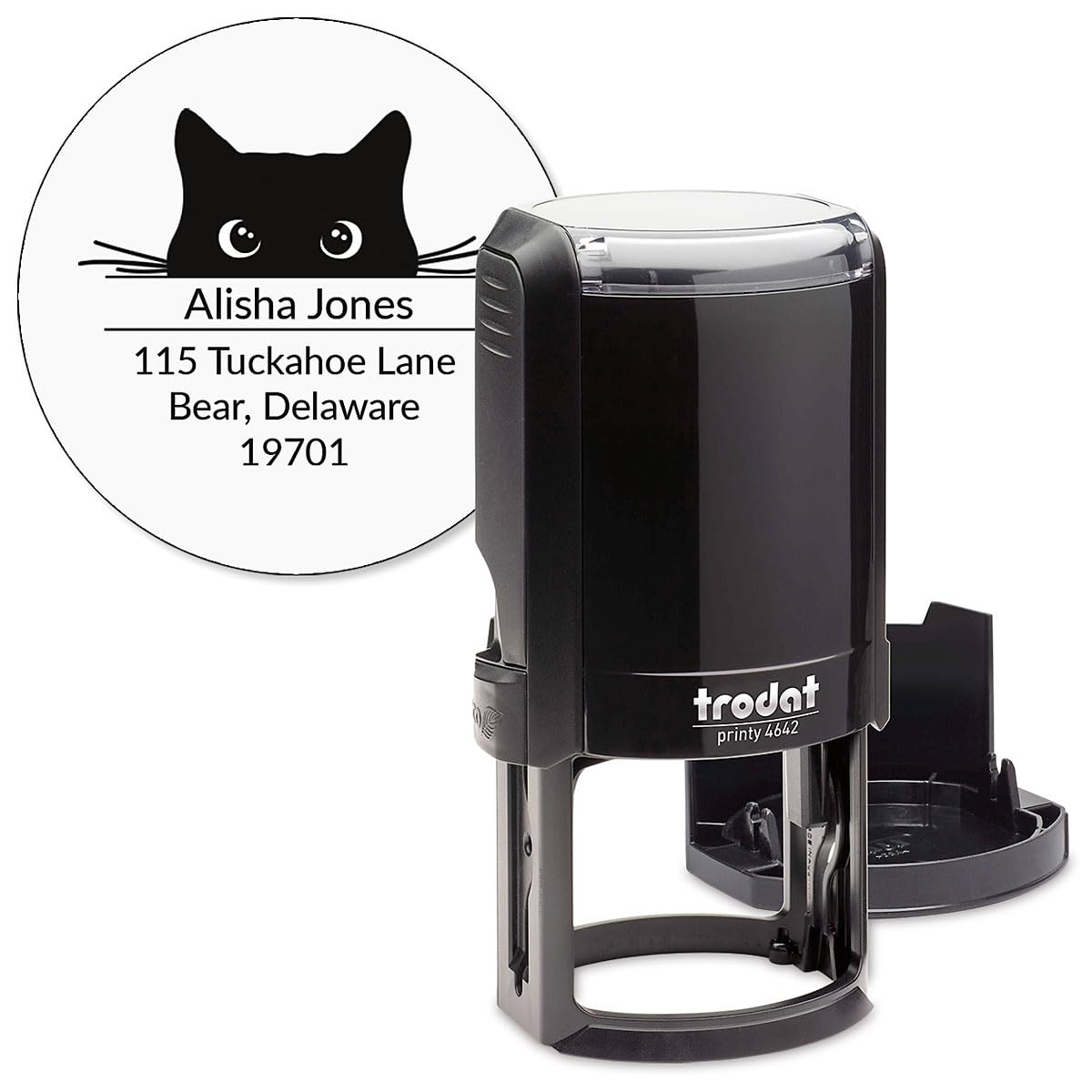 Cat Personalized Self Inking Address Stamp - Black, 1-5/8" Diameter Impression, Round
