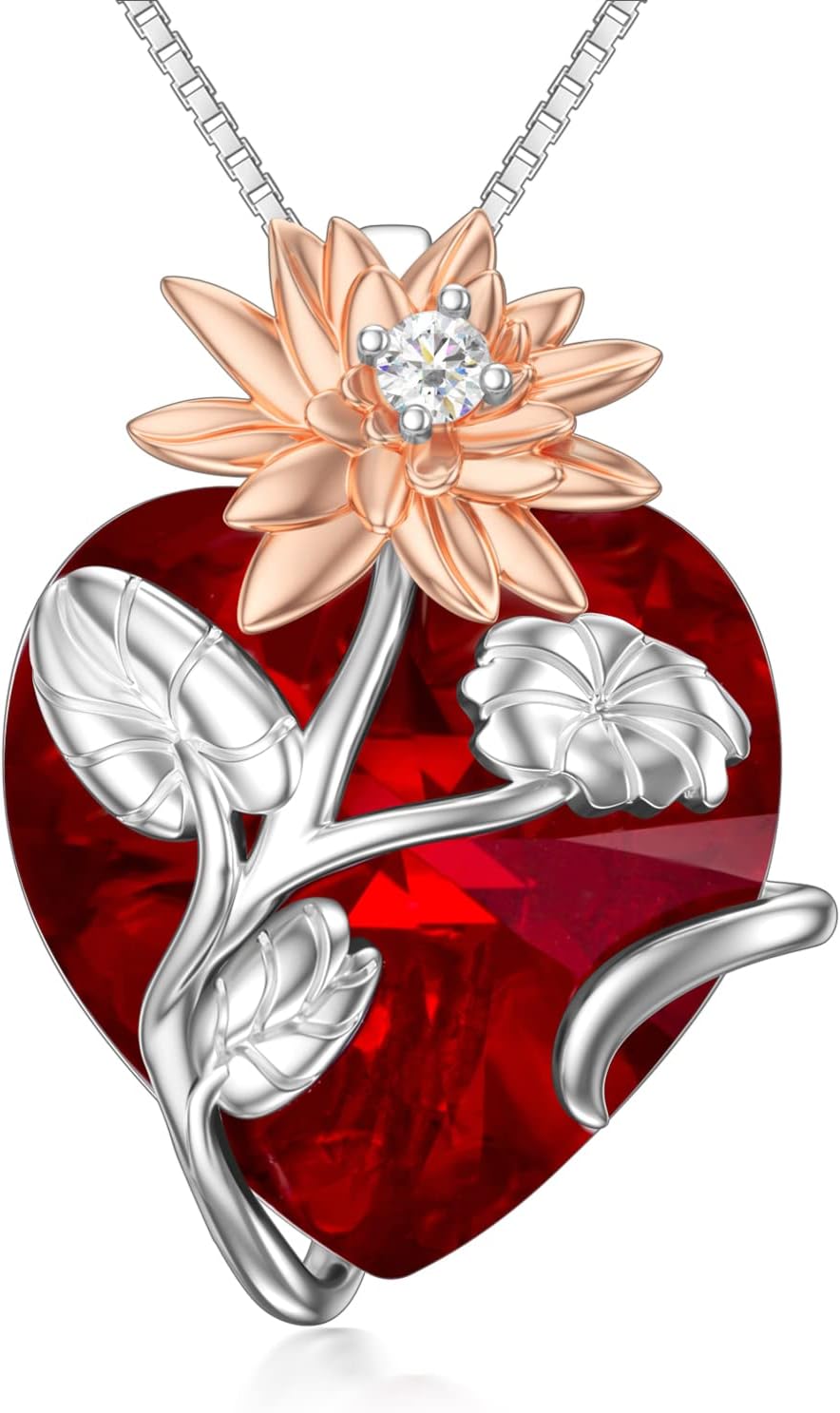 TOUPOP Birth Flower Necklace 925 Sterling Silver Birth Month Floral Pendant Necklace Birthstone Crystal Jewelry Birthday Christmas Gifts for Women