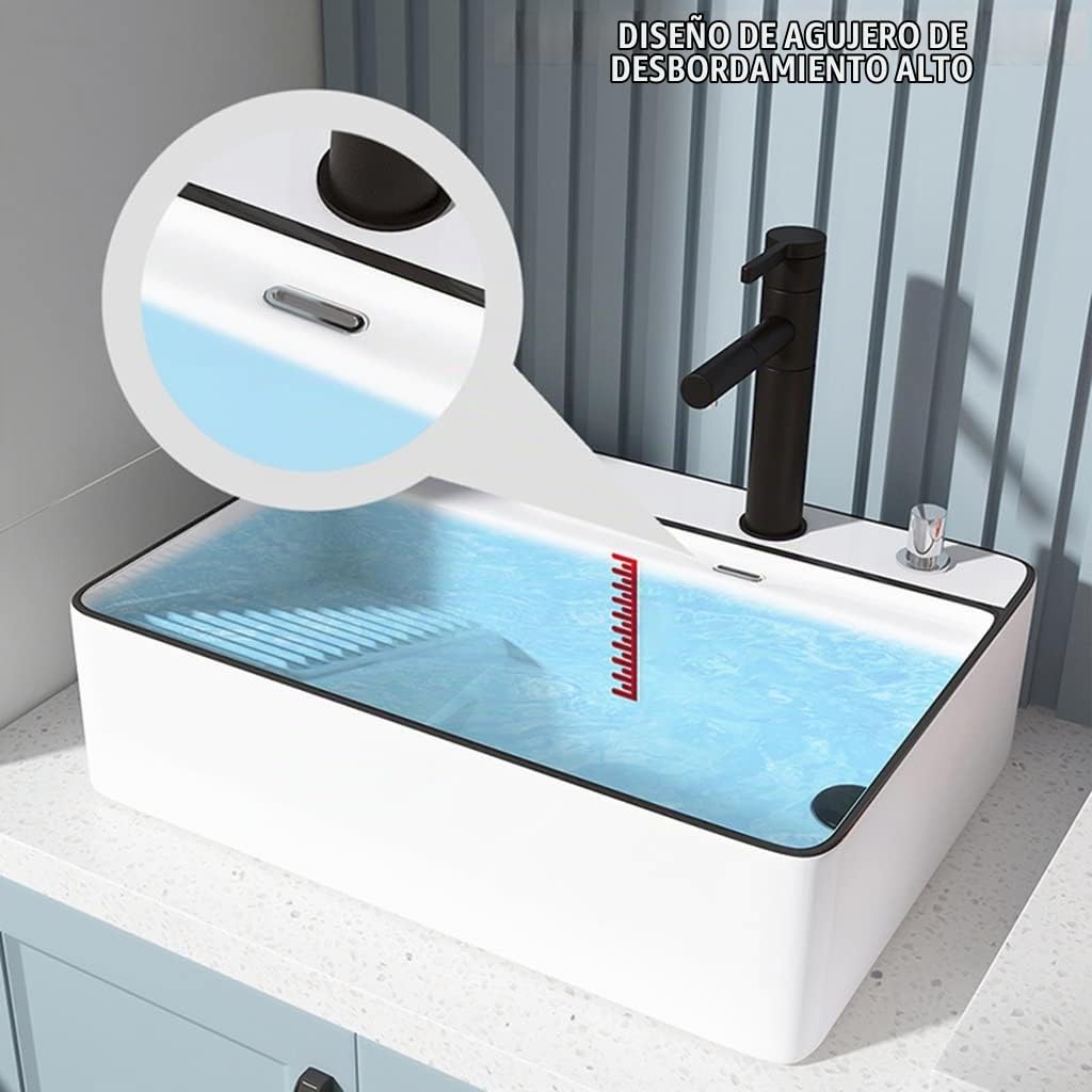 Lavabo De Baño Rectangular De Cerámica sobre Encimera con Grifo Extraíble De Arte, Bañera De Lavandería De Balcón con Tabla De Lavar
