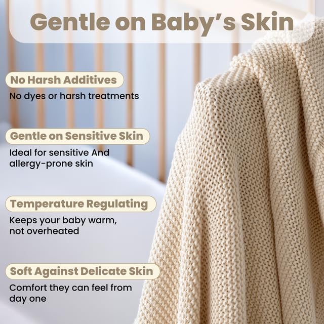 Image of 100% Organic Cotton Baby Knitted Blanket with Gift Box - Soft Toddler, Crib, Stroller Blanket - Neutral Swaddle and Receiving Blanket for Newborns, 30 inchx40 inch, Beige
