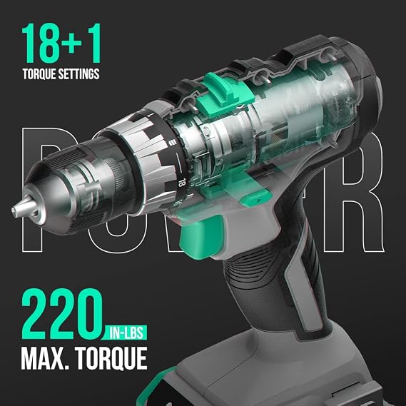 Litheli Cordless Drill Set, 20V Max Power Drill, 3/8 Keyless Chuck, 18+1 Torque Settings, Variable Speed, w/ 2.0 Ah Battery and 1 Hour Fast Charger Included