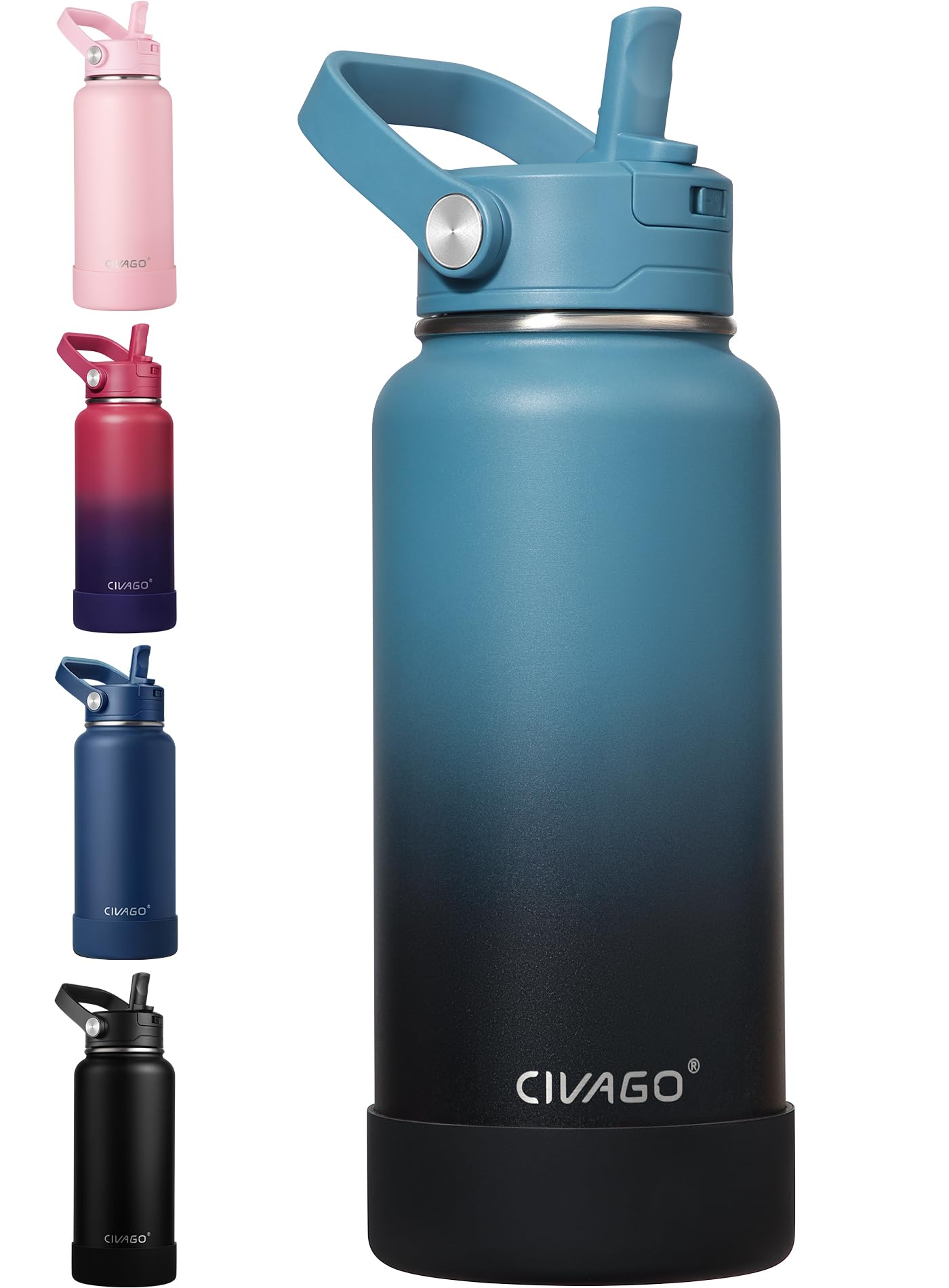 CIVAGO Insulated Stainless Steel Water Bottle with Detachable Straw, 950ml Metal Sports Drink Bottle with Bucket Handle, Leakproof Large Flask with Silicone Boot for Gym, Dishwasher Safe, Indigo Black