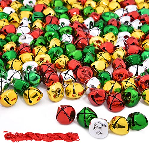 Hapeper 120 Pieces 1 Inch Christmas Bells Red Green Gold Silver Craft Metal Bells (Mixed Color)