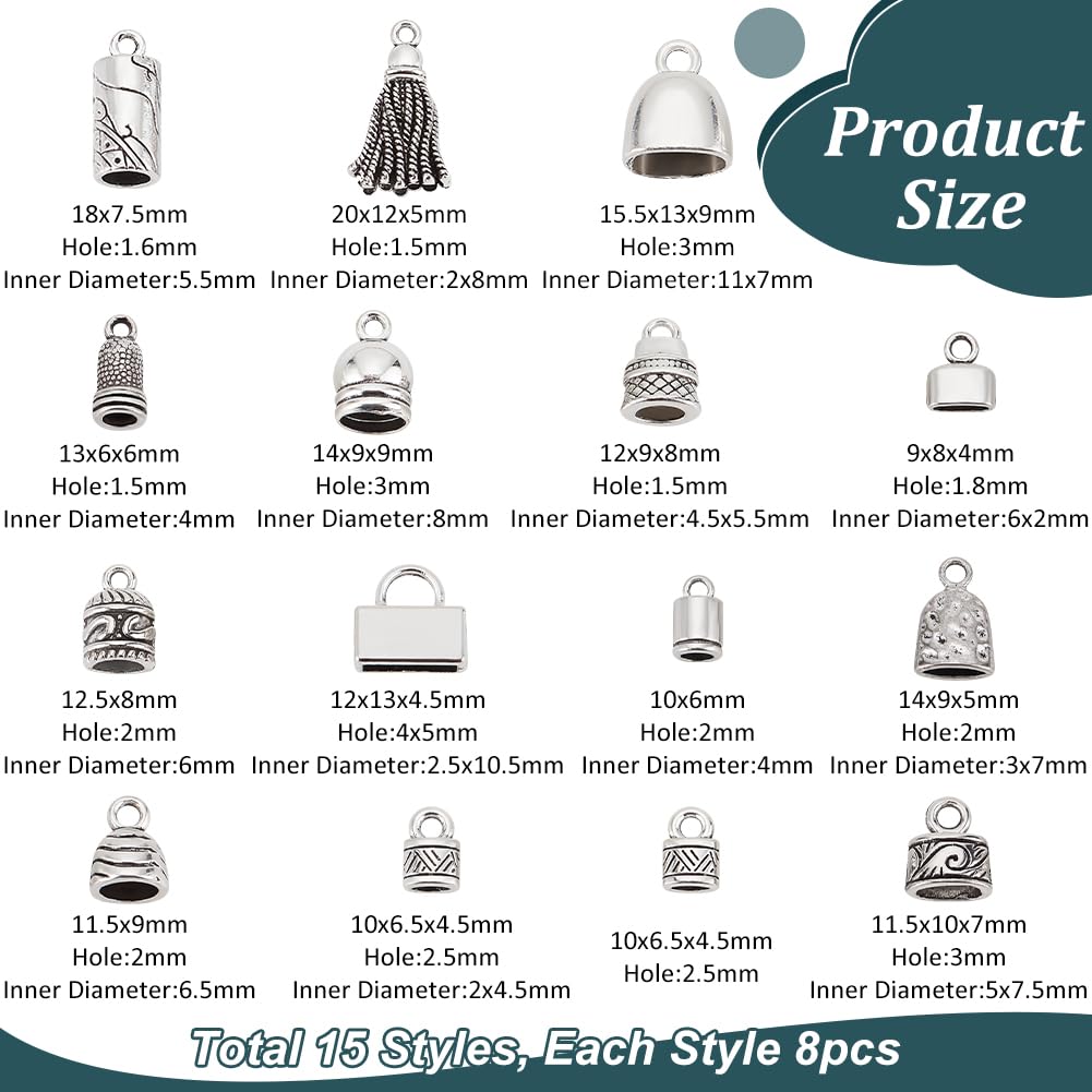 PH PandaHall 120pcs 15 Styles Cord End Caps 9~20mm Antique Silver Cord End Caps Tibetan Leather Cord End Alloy Tube Barrel End Tip for DIY Crafts Jewelry Making Necklace Bracelet Anklet