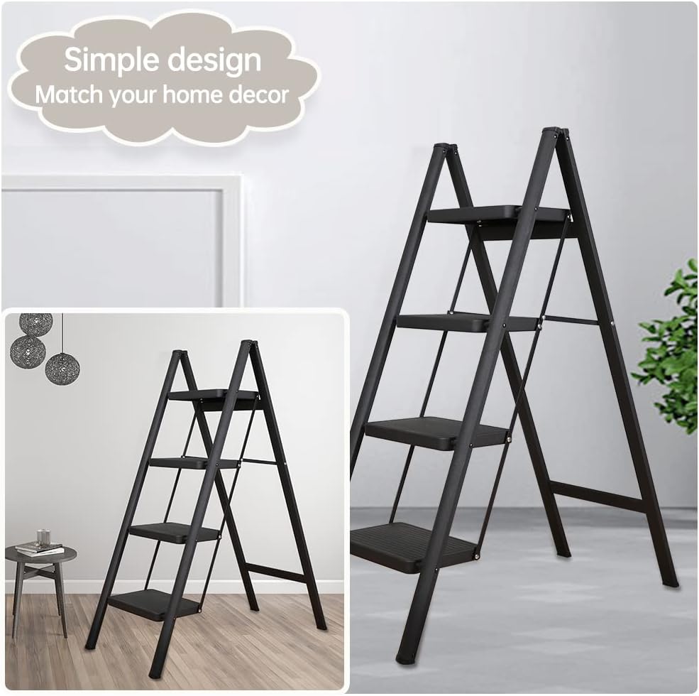 Hershii Step Ladder 4 Step Folding Lightweight Foldable Wide Step Stool Metal Storage Rack Decorative Stepladder Plant Stand Shelf Bookcase Holder for Home, Kitchen, Garden, Office - Black