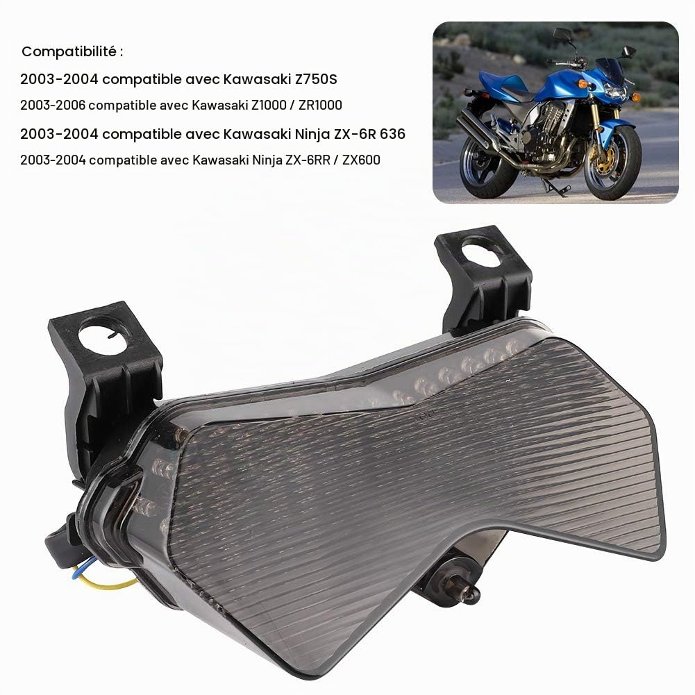 Tbest Feu Arrière Moto LED Comp. ZX-6R 636 ZX-6RR ZX600 Z750S Z1000 2003-2006, Feu Stop avec Clignotants Intégrés 12V Lampe Arrière Moto